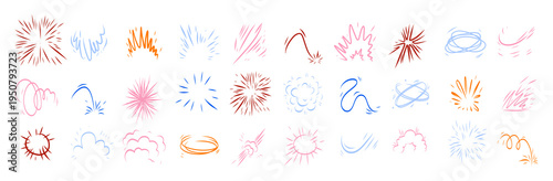 Color comic effect manga elements set on clean white background. Bright pop art explosions, bubbles, lightning and text clouds for playful superhero headlines, sales banners and kids comic designs.