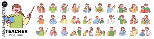 A collection bundle of various teacher characters and situations. Cute teacher character with a round face. Upper body illustration.
