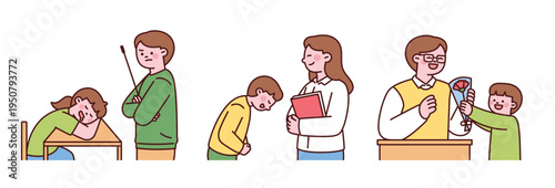 The situation between a teacher and a student in a classroom. Cute teacher character with a round face. Upper body illustration.