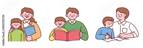 The teacher is introducing the student, reading a book together, and teaching. Cute teacher character with a round face. Upper body illustration.