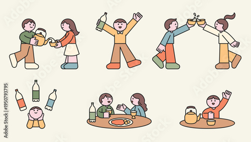 People drinking makgeolli at a bar. Cute character with a round face, featuring a design and geometric shape.