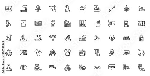Addictions icon set. Vector symbols for coffee, gambling, pills, alcohol, social media, smartphone and more. Minimal line icons pack.