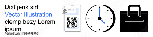 Business tools, workflow management, time tracking, identity verification, professional organization, mobile scanning. QR code on phone, clock briefcase. Business tools and time tracking concepts