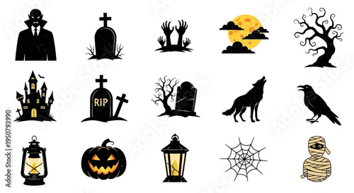 Dark Grunge Halloween Iconography Featuring Classic Spooky Gothic Elements.