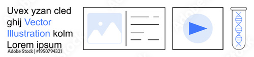 Digital marketing, education materials, scientific research, visual media, biotechnology, content design. Minimalist icons an image placeholder, play button and test tube with DNA helix. Focus on