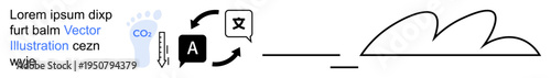 Language learning, translation services, communication, education, globalization, technology. Text and language icons with arrows demonstrating translation flow. Language learning and translation
