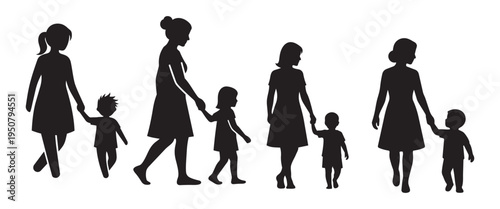 Mother holding hands with child walking silhouette icon set