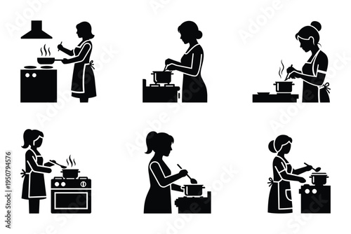 Woman cooking at stove silhouette vector icon set