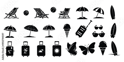 Summer travel and beach vacation black silhouette icon set