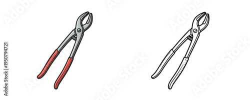 Dental extraction forceps in flat color and linear style red and silver colors professional stomatology tool used for tooth removal on white background