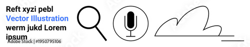 Digital technology, data storage, search tools, AI voice commands, cloud computing, virtual infrastructure. Minimalist magnifying glass, microphone and cloud icons. Search tools and cloud computing