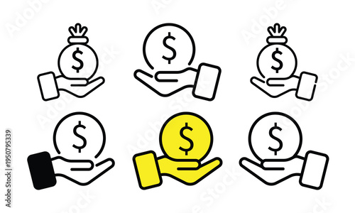 Modern Digital Payment and Online Money Transfer Line Icons Set with Hand Holding Currency and Mobile Wallet Illustration