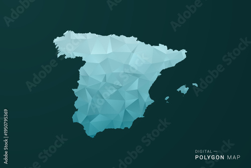 Spain Map - Polygon style vector illustration in green and blue low poly geometric design, clean minimal silhouette for infographic.