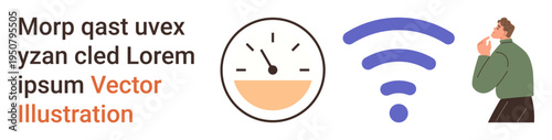 Time tracking, digital communication, decision-making, wireless technology, connectivity, productivity. Includes a clock icon, wireless symbol and man thinking. Time tracking and digital