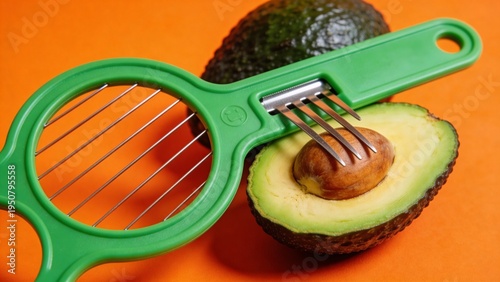 Close-up of a green plastic avocado slicer and pitter tool next to a whole and a halved avocado with a visible pit on a vibrant orange background, highlighting healthy eating and kitchen gadgets.