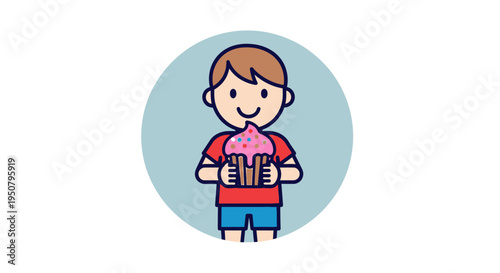 Cartoon Boy Holding Pink Heart in Hands.
