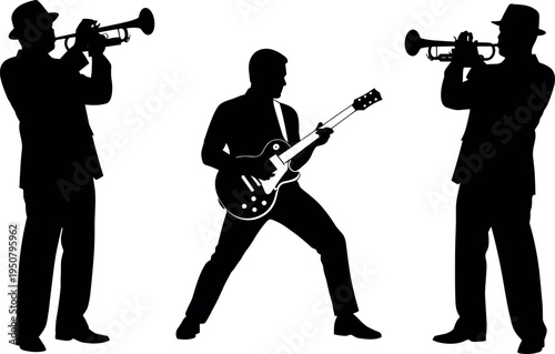 Silhouettes of Professional Jazz Band Musicians Playing Trumpet and Electric Guitar in Suit and Fedora Hat for Live Music Performance