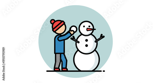 Child Building Snowman Winter Scene Cartoon.