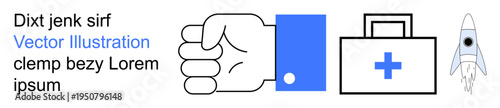 Innovation, healthcare, teamwork, startup launch, productivity, empowerment. A fist, medical kit with a cross and a rocket in minimalist vector form. Innovation and healthcare explored