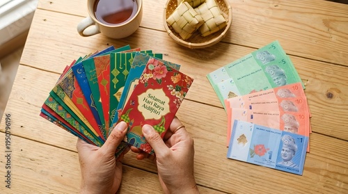 Hands preparing Malaysian Ringgit banknotes and placing them inside colorful, traditional money packets (sampul raya) as gifts for Eid al-Fitr (Hari Raya Aidilfitri) on a green tablecloth.