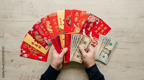 Hands preparing Malaysian Ringgit banknotes and placing them inside colorful, traditional money packets (sampul raya) as gifts for Eid al-Fitr (Hari Raya Aidilfitri) on a green tablecloth.