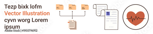 Data organization, document processing, health tracking, digital archives, efficient workflows, information systems. File folders, paper documents heartbeat icon. Data organization and health