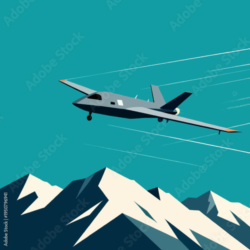 Futuristic Stealth Jet Fighter or Military Drone Flying Over Snow Capped Mountains Illustration.