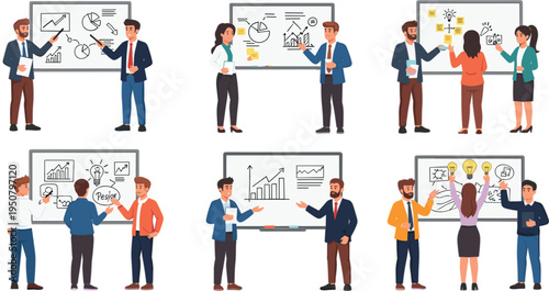 Flat Vector Illustration Set of Professional Business People Discussing Data and Presenting Strategic Ideas on Whiteboards in Office Meetings