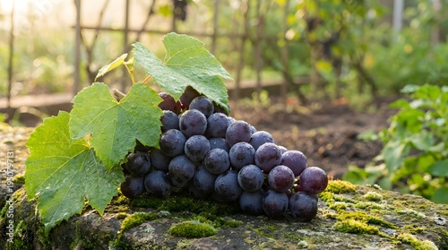 Freshly harvested red and green grapes resting on a wooden crate in a sunlit vineyard at harvest time