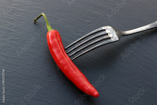 Eine frische rote scharfe Peperoni auf einer Gabel und einer schwarzen Schieferplatte. Schärfe und Gesundheit in der Küche