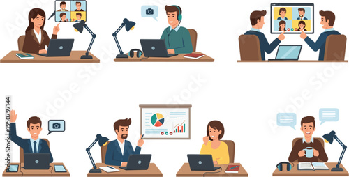 Flat Vector Illustration Set of Professional Business People Working From Home Having Video Conference Calls Online Meetings and Presentations