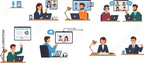 Flat Vector Illustration Set of Professional Business People Working Remotely Having Video Conference Calls and Online Meetings Using Laptops