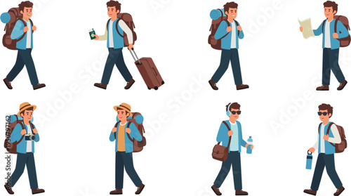 Flat Vector Illustration Set of Young Male Tourist Characters Walking with Backpacks Luggage Map and Camera for Travel Adventure