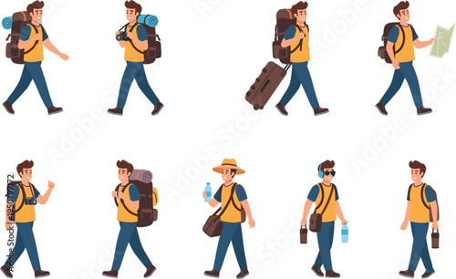 Flat Vector Illustration Set of Young Male Travelers Walking with Backpacks Map Camera and Luggage for Adventure and Vacation Tourism