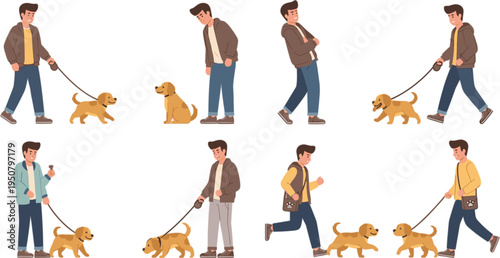 Flat Vector Illustration Set of Young Men Walking Training and Playing with Cute Golden Retriever Puppies on a Leash Isolated