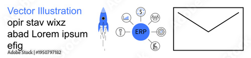 Business management, entrepreneurship, system integration, financial planning, communication, startups. ERP concept with icons, rocket and envelope. Business management and entrepreneurship