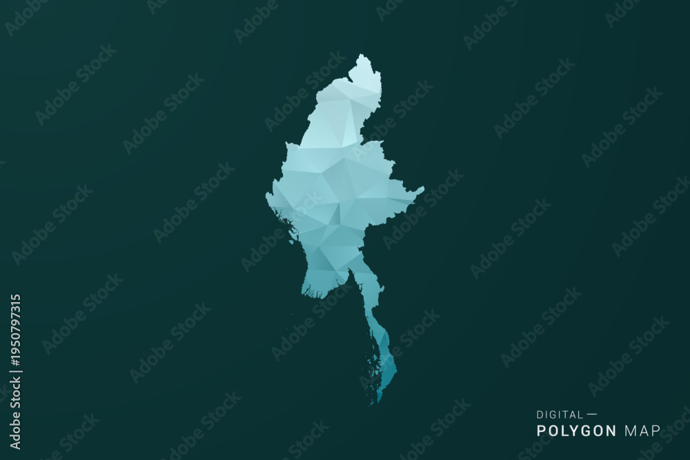 Naklejka premium Myanmar Map - Polygon style vector illustration in green and blue low poly geometric design, clean minimal silhouette for infographic.