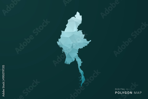 Myanmar Map - Polygon style vector illustration in green and blue low poly geometric design, clean minimal silhouette for infographic.