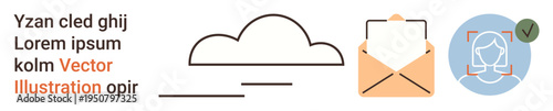 Cloud computing, data exchange, email services, secure communication, biometric authentication, identity verification. Icons of a cloud, an envelope and a face scan. Cloud computing and data