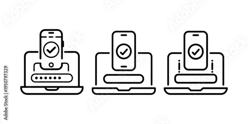 Two factor authentication security icon set showing laptop and smartphone with checkmark symbol for secure login and data protection technology interface