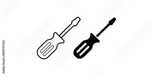 Screwdriver tool icon set showing outline and solid silhouette versions of manual hardware equipment for construction repair and maintenance work projects