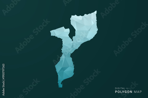 Mozambique Map - Polygon style vector illustration in green and blue low poly geometric design, clean minimal silhouette for infographic.