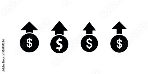 Four rising dollar coin icons with upward arrows, financial growth concept, money increase symbols
