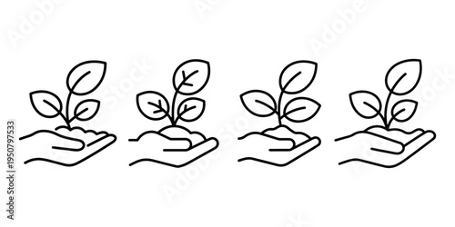 Seedling growth icon set depicting human hands holding small green plants with leaves representing environmental care ecology sustainability and agriculture