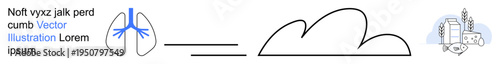 Air quality, pollution, farming, healthcare, environment, sustainability. Visual shows lungs, a cloud and farming icons. Air quality and pollution concepts