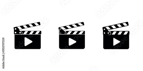 Set of three black clapper boards with play buttons inside for cinema production concept