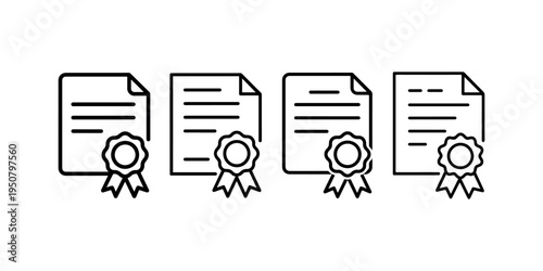 Four line art certificates with seals and ribbons, award document for recognition and achievement