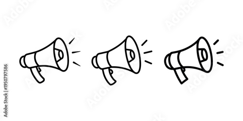 Megaphone icon set showing loudspeaker for announcement and marketing promotion symbol on white background representing communication and broadcasting tool