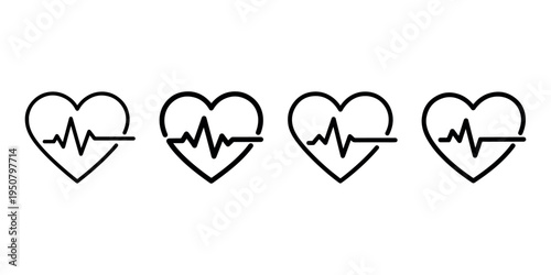 Collection of heart rate monitor icons showing pulse line inside heart shape with various stroke weights for medical health tracking app and hospital