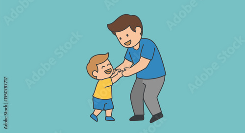 Father Helping Little Boy Walk Cartoon.